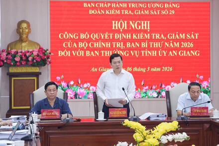 Công bố quyết định kiểm tra, giám sát của Bộ Chính trị, Ban Bí thư năm 2026 đối với Ban Thường vụ Tỉnh ủy An Giang