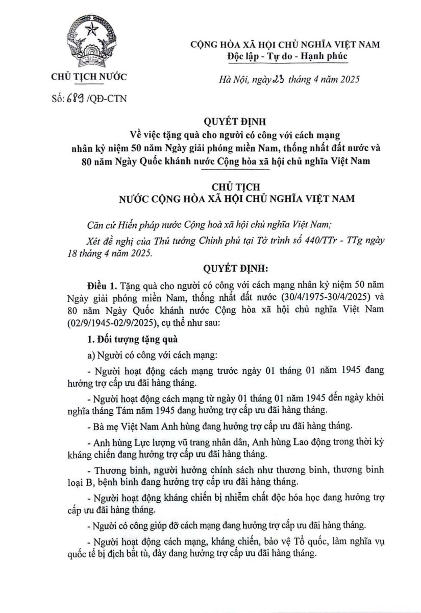 Chủ tịch nước ký quyết định tặng quà người có công với cách mạng