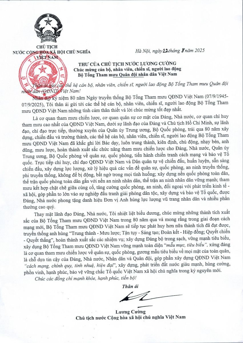 Chủ tịch nước Lương Cường gửi Thư chúc mừng cán bộ, nhân viên, chiến sĩ, người lao động Bộ Tổng Tham mưu Quân đội nhân dân Việt Nam nhân kỷ niệm 80 năm Ngày truyền thống
