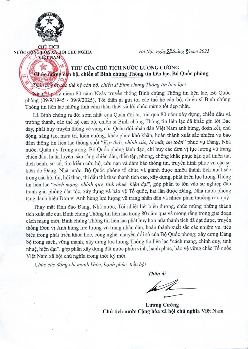 Chủ tịch nước Lương Cường gửi Thư chúc mừng cán bộ, chiến sĩ Binh chủng Thông tin liên lạc, Bộ Quốc phòng nhân kỷ niệm 80 năm Ngày truyền thống