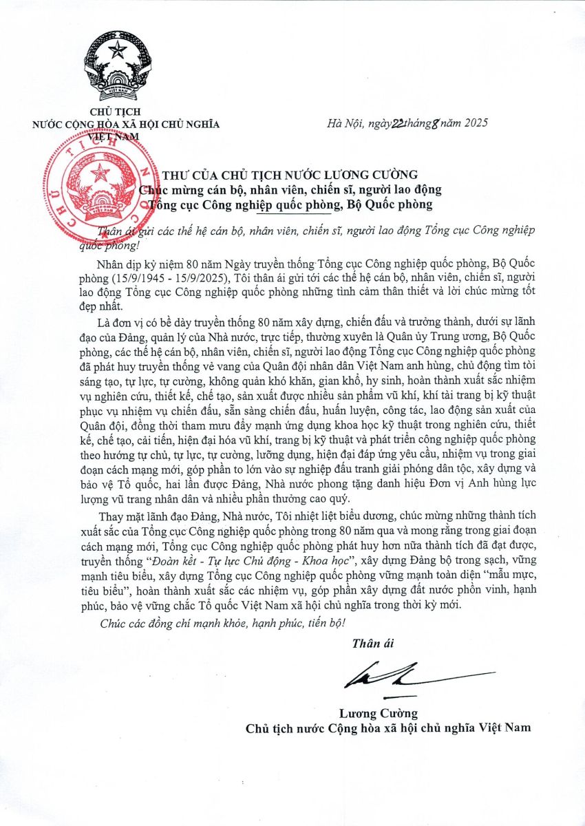 Chủ tịch nước Lương Cường gửi Thư chúc mừng cán bộ, nhân viên, chiến sĩ, người lao động Tổng cục Công nghiệp quốc phòng, Bộ Quốc phòng nhân kỷ niệm 80 năm Ngày truyền thống